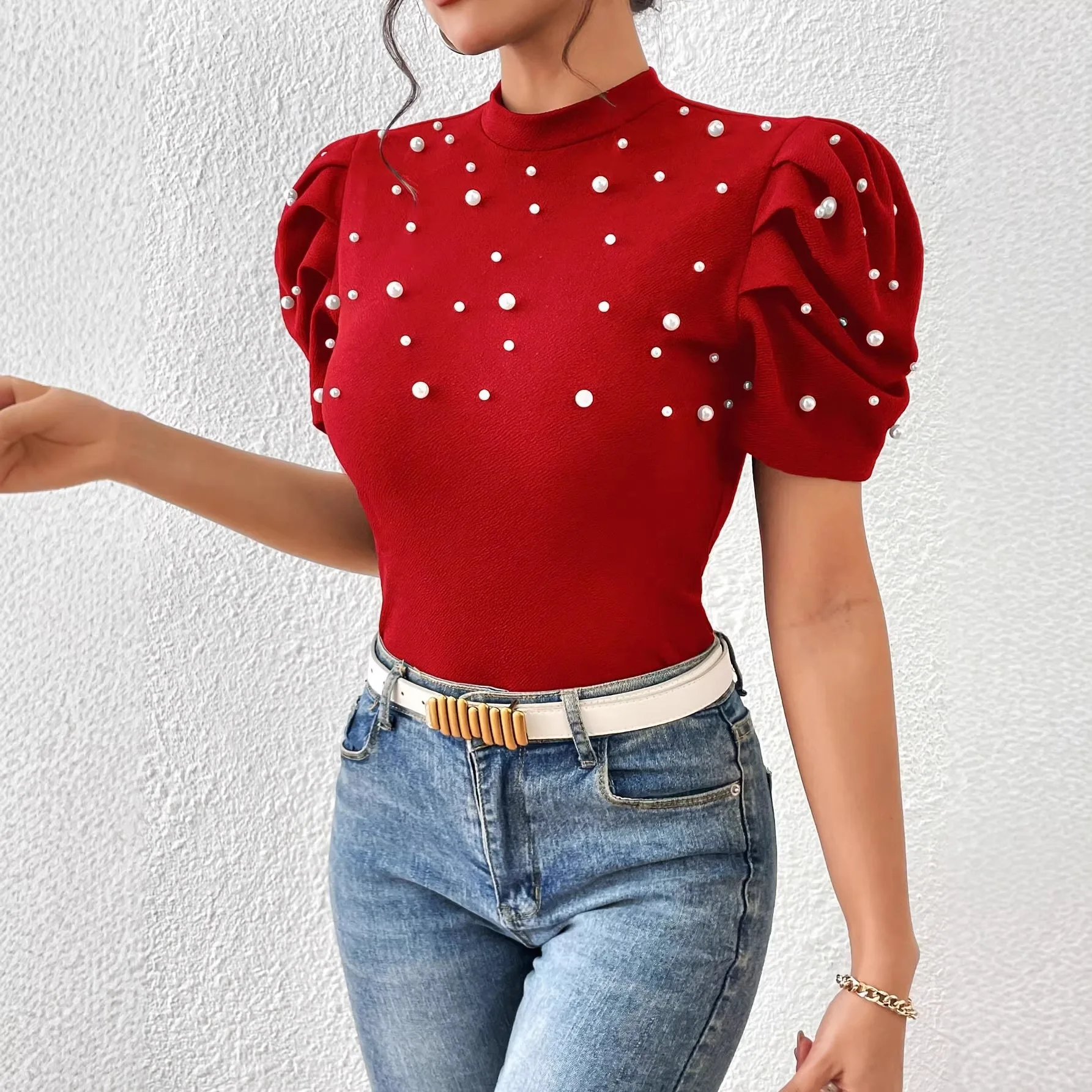 

Women's Summer New Heavy Pearl Bubble Sleeve Top Polyester Fiber Knittedwear Full-Size Regular Thickness Overhead Style