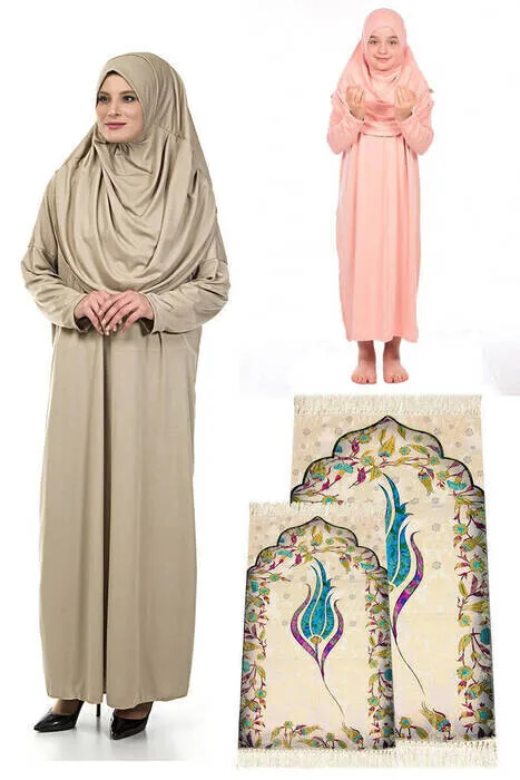 IQRAH Mother Girl One-Piece Prayer Gown Prayer Rug Set 3