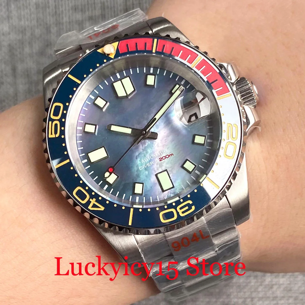 Tandorio 40MM Japan NH35A Automatic Mechanical Black Mother of Pearl Dial Luminous Men Watch 200m Waterproof Steel Brushed Strap