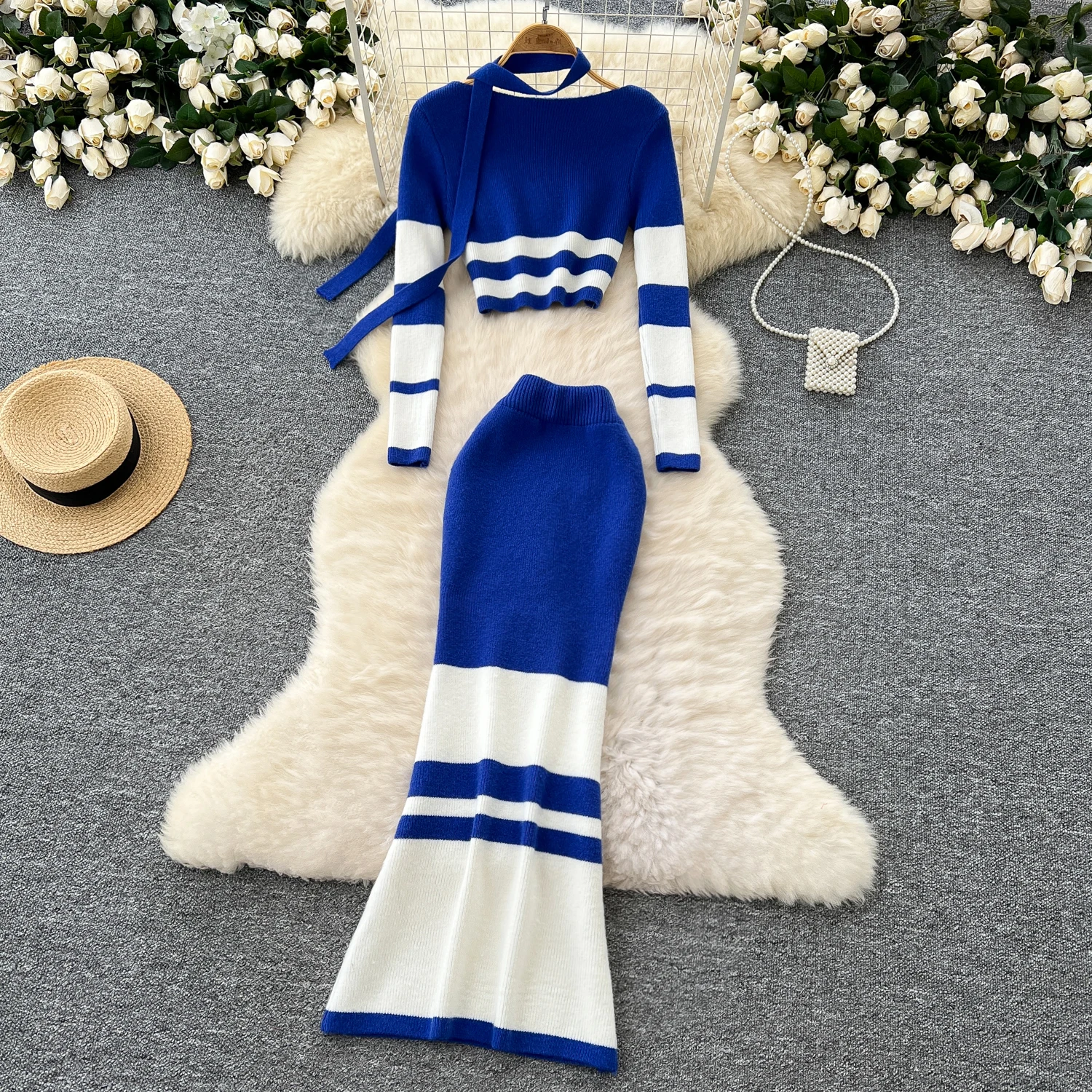 Chic Patvhwork Striped Women Two-Piece Sets O-neck Long Sleeve Knitted Top High Waist Pencil Skirt Korean Autumn Winter Clothing