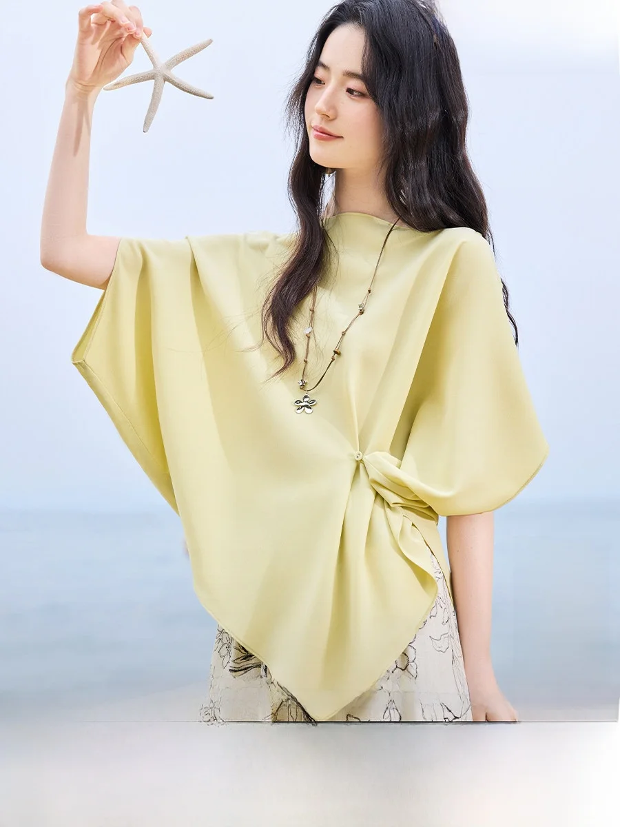 

Ele One-oulder Batwing Pearl irt Slimming Top with Waist-Cinching Detail Svel Summer 2026 Women's Faion