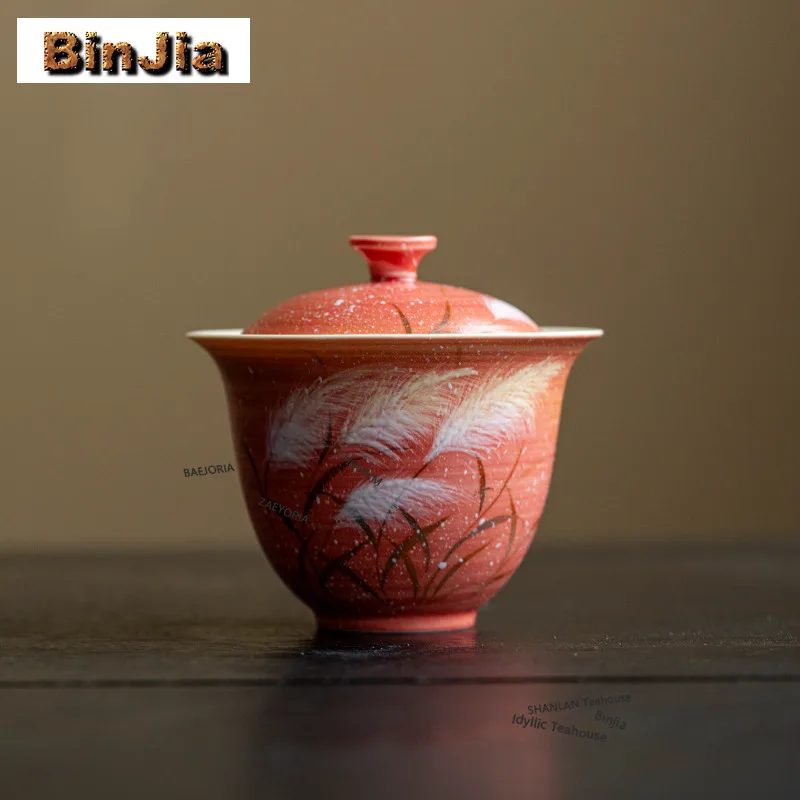 BAEJORIA 160ml Hand-painted Sunset Reed Gaiwan Retro Tea Tureen Tea Bowl With Lid Kit Tea Making Cover Bowl Tea Ceremony Craft