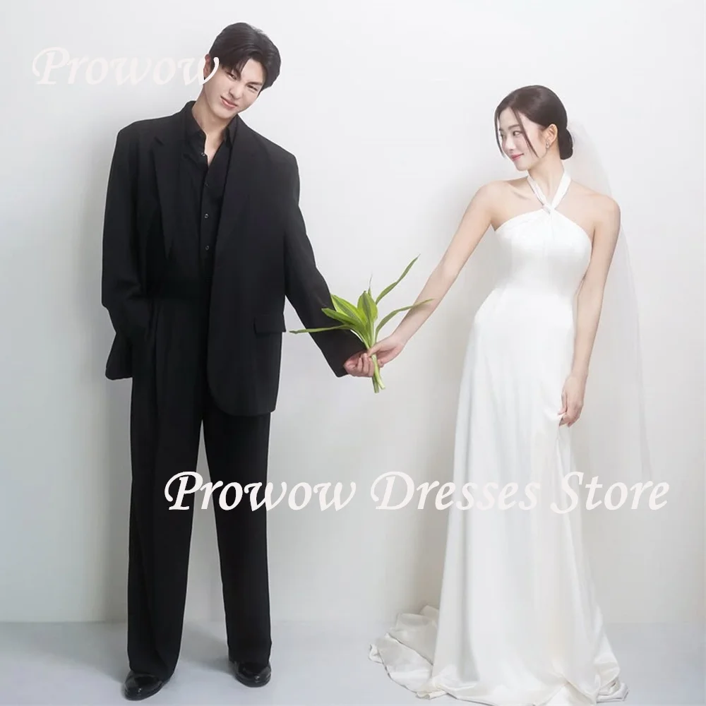 

Prowow Simple Halter Mermaid Wedding Dress Korea Photo Shoot Ivory Bridal Gown Lace Up Back Floor Length Sleeveless Customized
