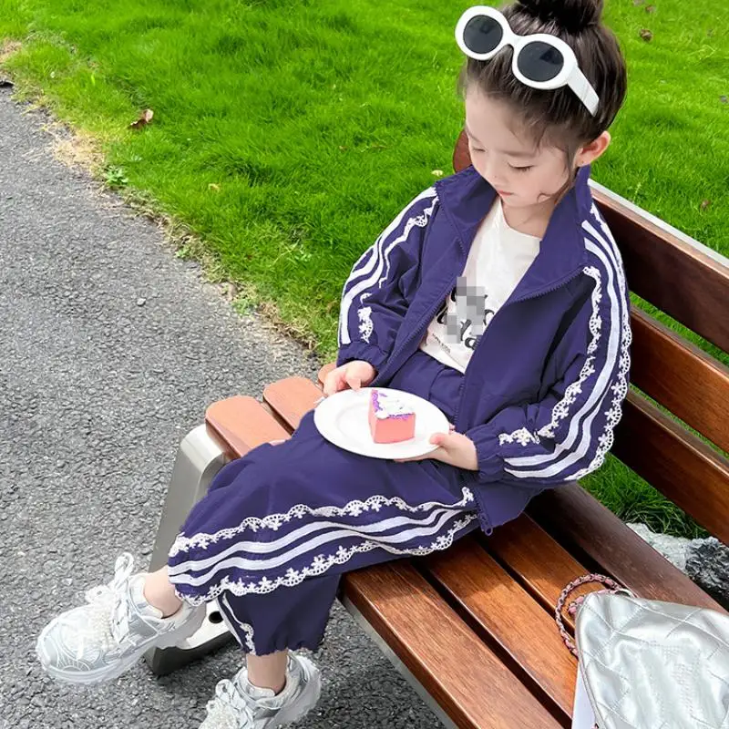 Children's Lace Sports Jacket Pants Set Girls Spring and Autumn New Casual Long Sleeved Pants Set Girls Fashion Two-Piece Set