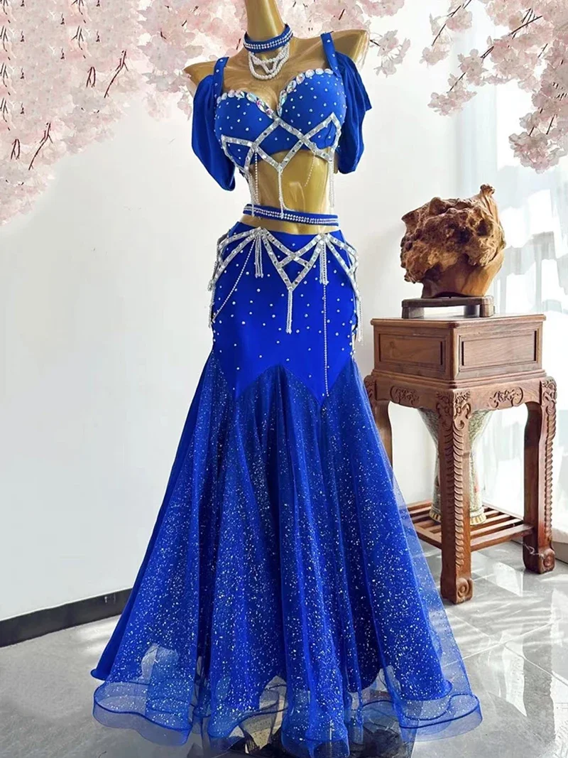 Fashion Belly Dance Performance Beading Diamond Embroidery Mesh Long Skirt for Womens Set Oriental Dancewear Costume Outfits