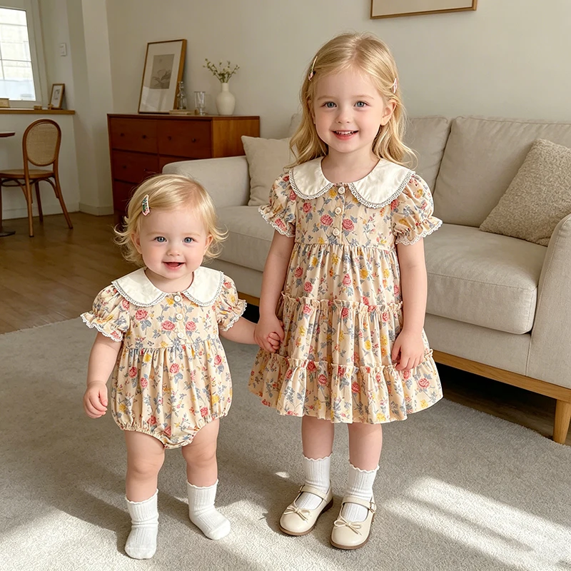 2026 Summer 0-24M Baby Girl Embroidery Collar Bodysuit 2-6Yrs Kid Sweet Party Short Sleeves Floral Print Dress Sister Dress