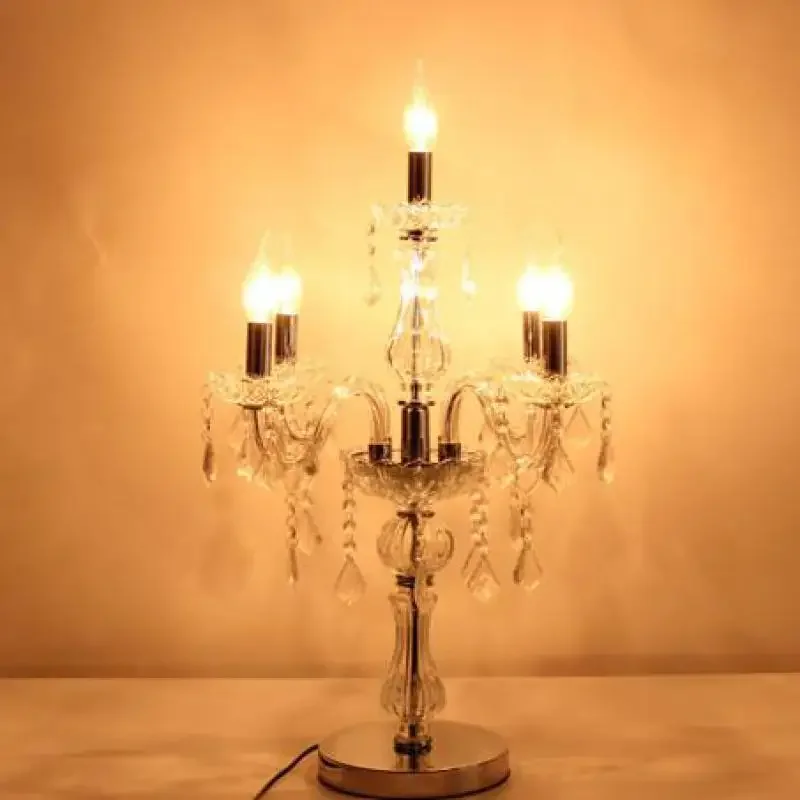 

Large 5-arm Chrome Silver Clear Crystal Table Lamps Kitchen glass Candlestick Wedding Led Candle Holder Lampada Modern E12/e14