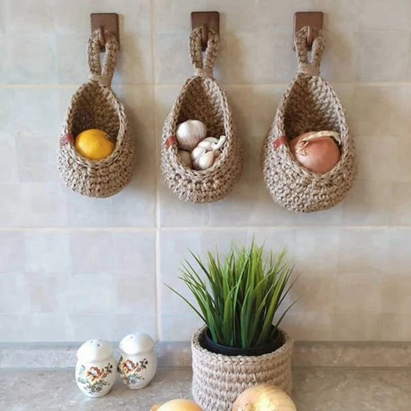 Jute Potato and Onion Storage Basket for Pantry Boho Kitchen Decor Bohemian Hanging Fruit Baskets for Kitchen