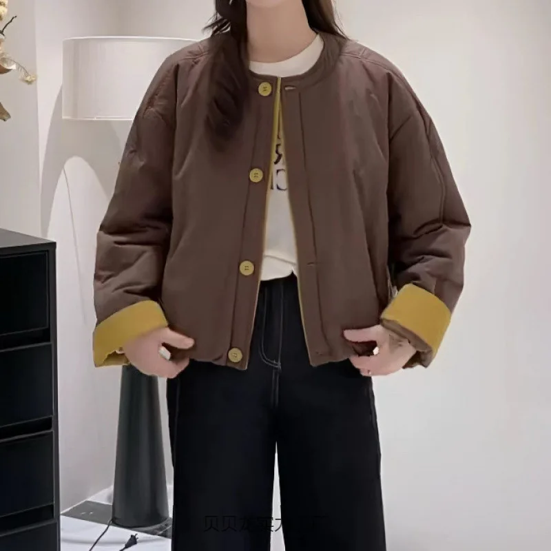 2025 Autumn and Winter New Round Neck Short Color Blocked Cotton Jacket for Women Small and Stylish Versatile Casual Warm