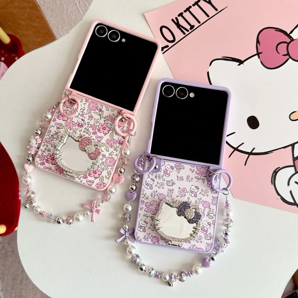 Cute Luxury Hello Kittty Floral Bracket Mirror Phone Case For Samsung Galaxy Z Flip 7 6 5 4 3 Shockproof Protection Cover Funda