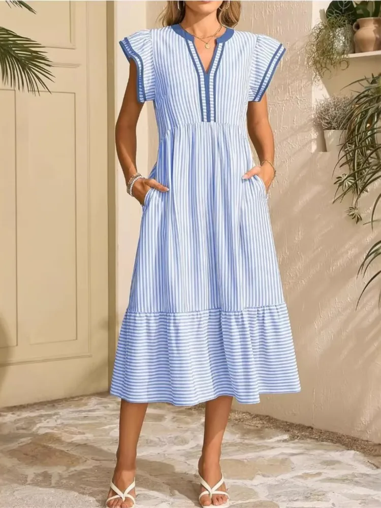 

Striped Shirt Maxi Dress Women Sleeveless V-Neck Long Dresses Summer Casual Buttons A-Line Beach Holiday Dresses Female Clothing