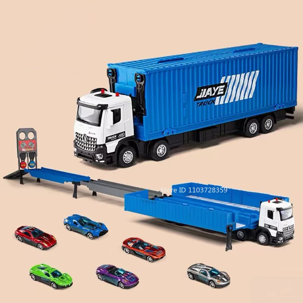 

1:50 Scale Model Container Truck Toys Metal Diecast Military Vehicles Sound Light Pull Back Doors Opened Toy Car Gifts for Kids