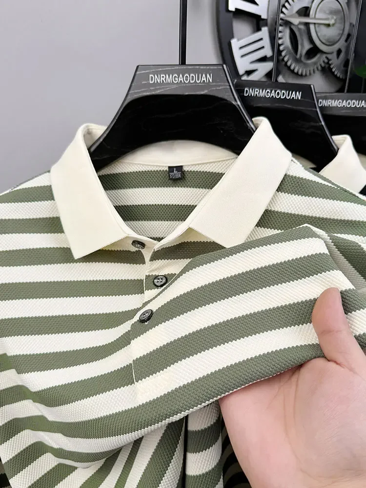 

T Luxury Lapel Men Long Sleeve High Quality Spring and Autumn Wear Fashionable Striped Color Matching Men's T-shirt Polo Shirt