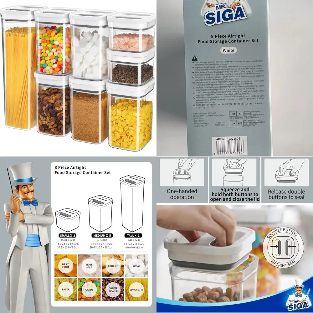 

BPA-Free 8-Piece Airtight Plastic Canisters Set for Kitchen Storage - One-Handed Lids for Cereal, Pasta, and More