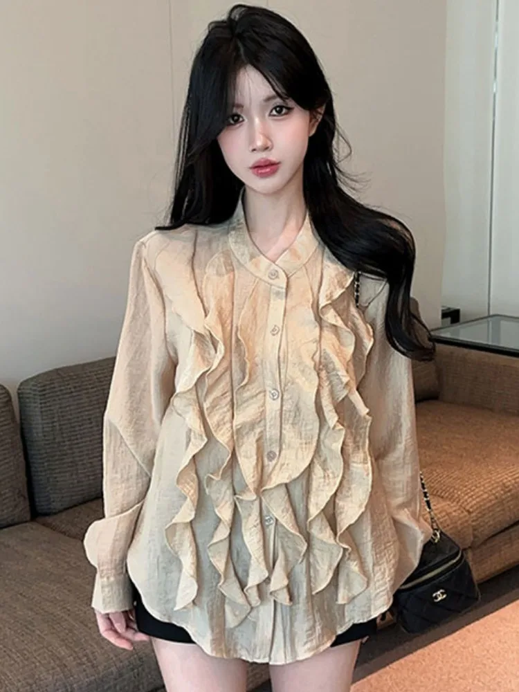 

Elegant Gentle Long Sleeve Shirt Women's Loose Fit Spring Summer New Style Midi Length Collarless Shirt Cotton Polyester Blend