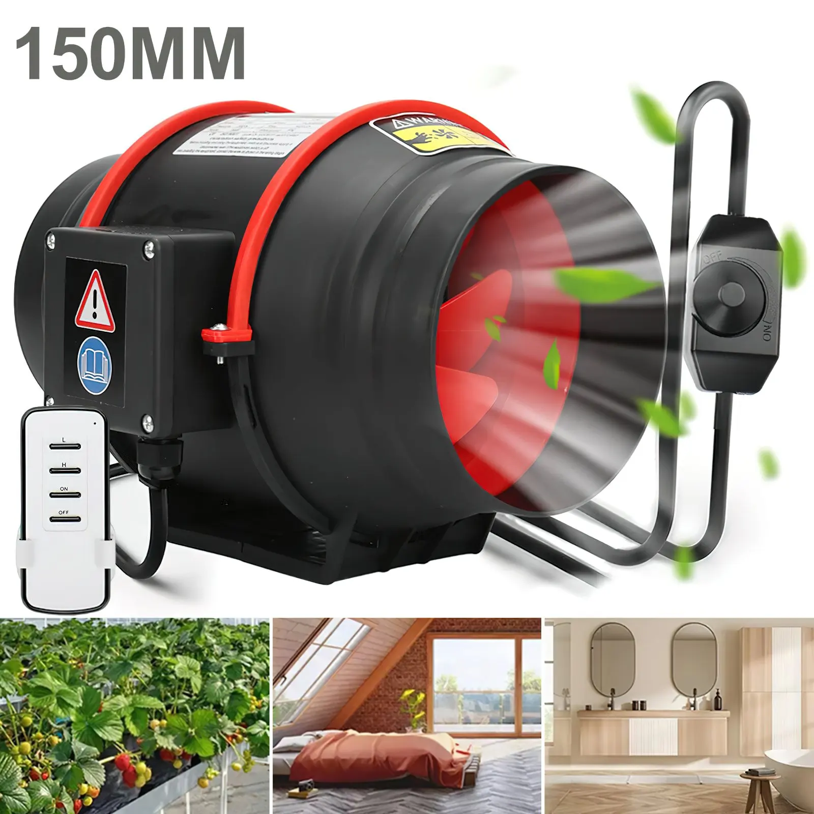 Ventilador de Extracción de Aire de 150 mm con Control Remoto, Ventilador de 2 Velocidades, Ventilador de Montaje Negro para Ventilación Interior de Calderas de Pared de 100/150 mm