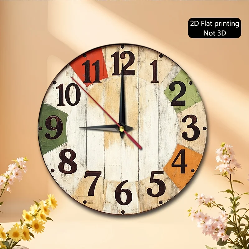 1pc Vintage Distressed Wood Wall Clock - Round Color-Blocked with Numerals, Wood Hands & Face Suitable for Living Room, Bedroom, Kitchen, Home Office - Rustic Decorative Clock for Entryway, Dining Room, Minimalist Home Décor, 2D Flat