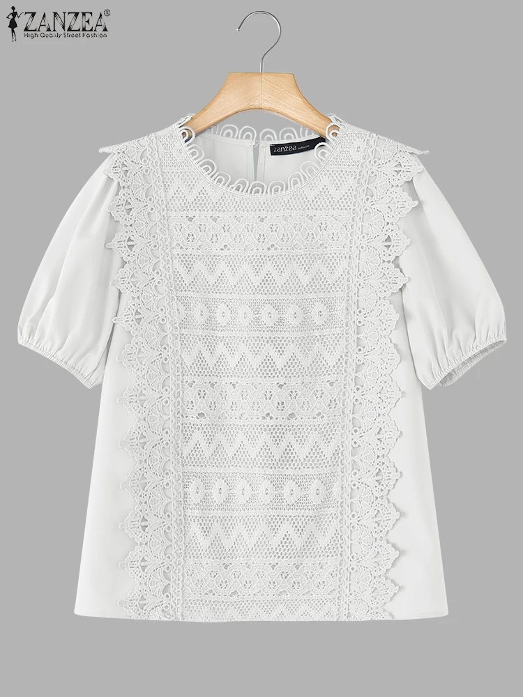 

2025 ZANZEA Casual Lace Blouse Women Short Sleeve Tops Fashion Solid Color Blusas O-Neck Oversized Vintage Pacthwork Tunic