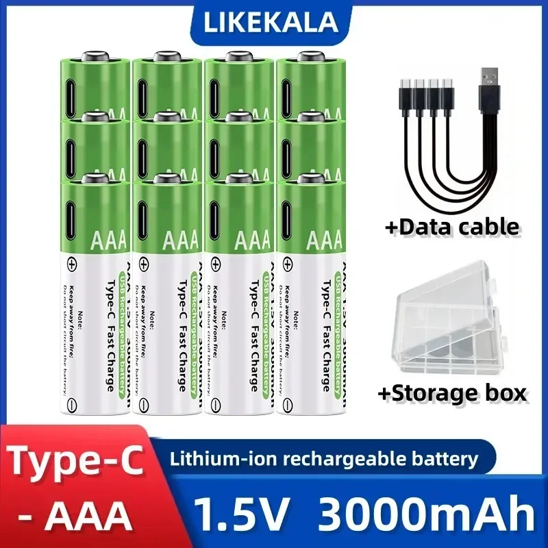 LIKEKALA Li-ion piles rechargeables AAA type-c Lithium-ion 3000 mAh 1.5 V AAA batterie rechargeable + câble de données et boîte de rangement