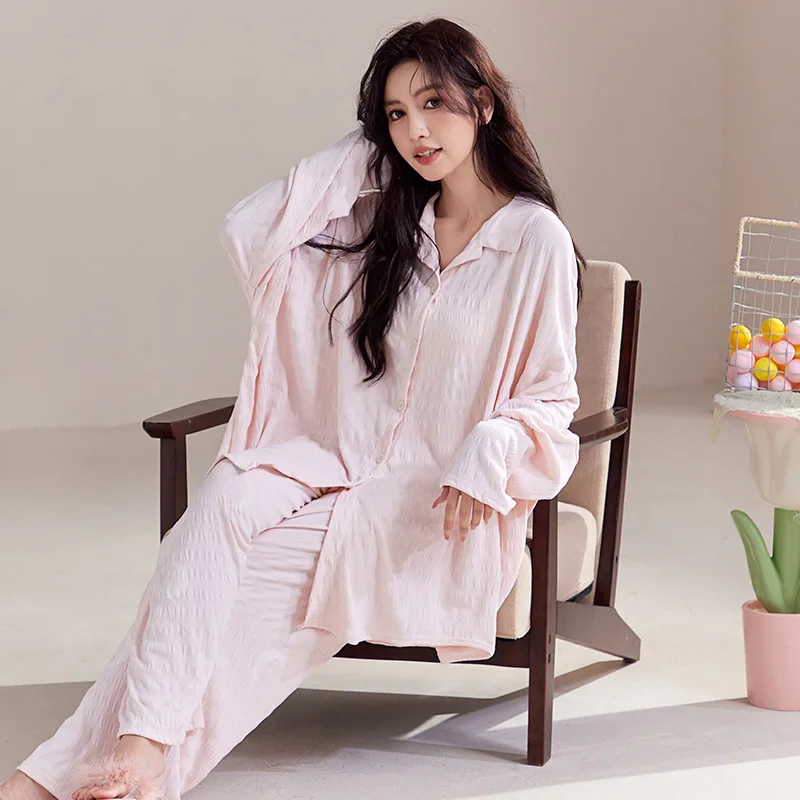 plus Size Cotton Pajamas Set Women's Long-Sleeved Casual Loose Sleepwear with Soft Button Cardigan Autumn Winter Homewear