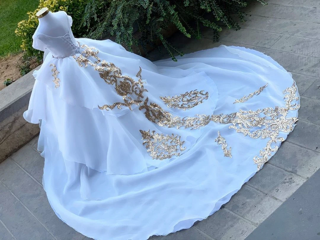 FATAPAESE-vestidos de Baile de Princesa de lujo para niños pequeños, vestidos de niña de flores, vestidos de Appqulies dorados, vestido Maxi de manga larga, tren de catedral de satén