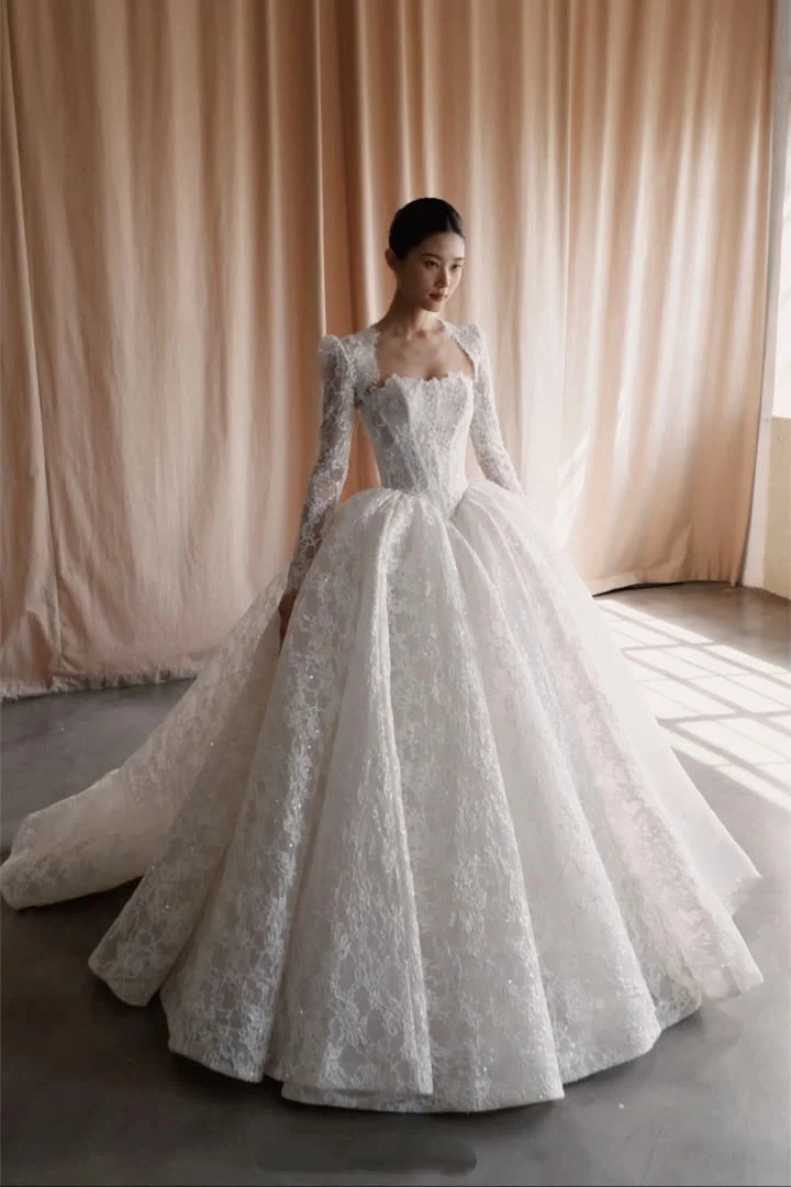 

Exquisite A-Line Lace Decal Women's Wedding Dress Sexy Square Neck Long Sleeved Church Bride Dress Vestido De Noiva Customized