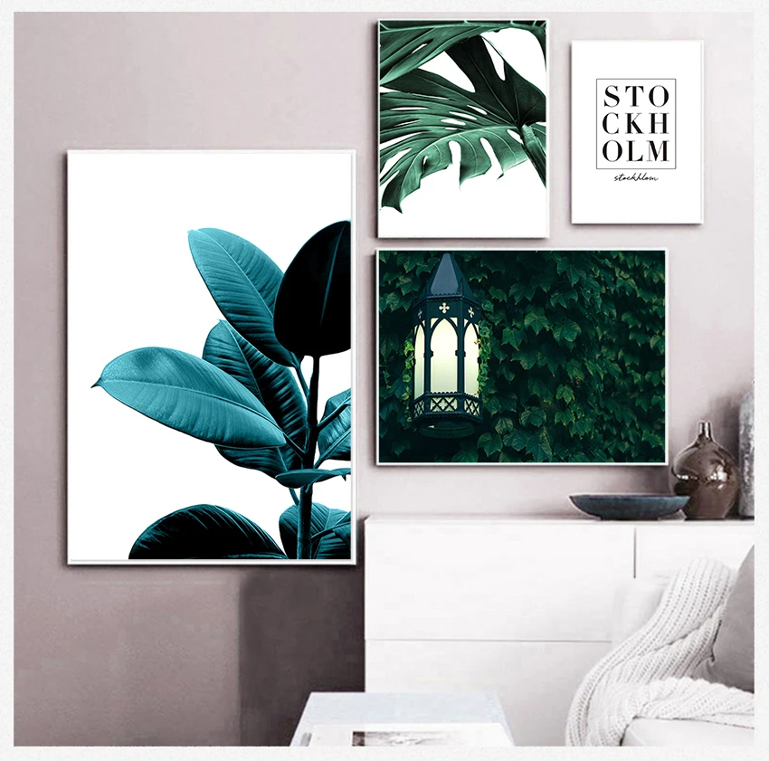 Nordic Posters And Prints Plant Wall Pictures For Living Room Home Decor Fresh Green Leaves Bridge Door Wall Art Canvas Painting