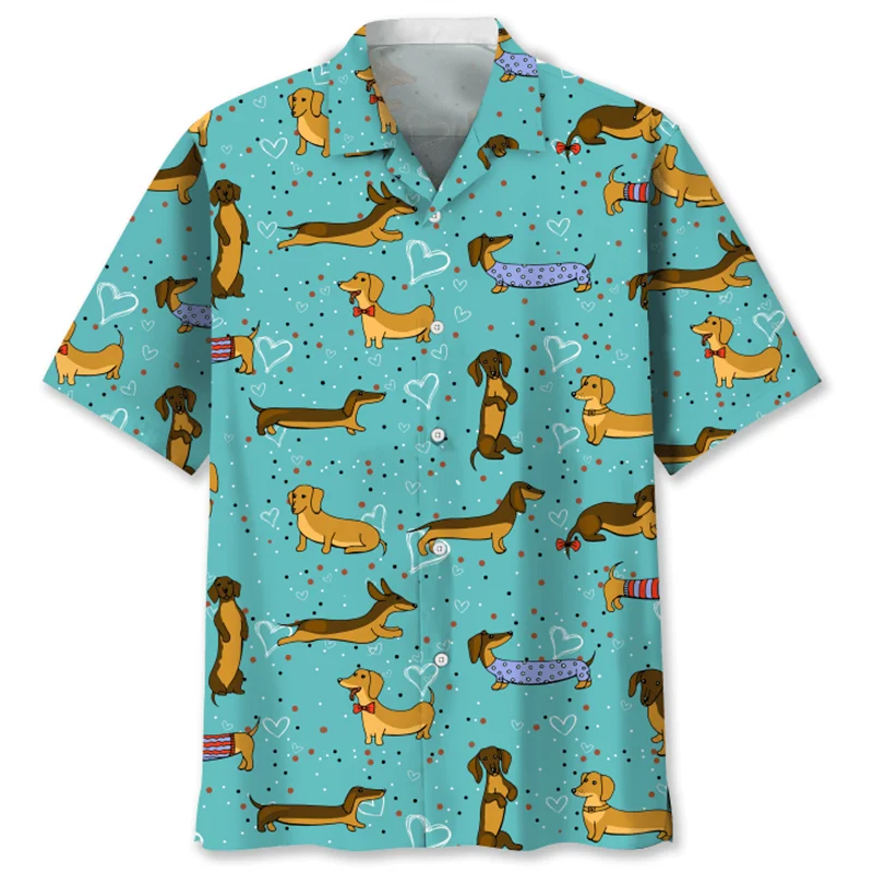 2026 Cartoon Sausage Dog 3D Printed Men's Animal Pet Pattern Short Sleeve Hawaiian Shirt Top Loose Collar Shirt