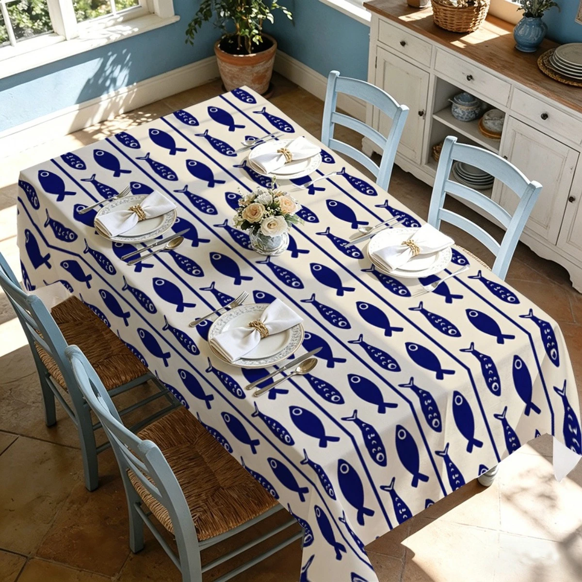 1pc Coastal Blue Fish Print Tablecloth Mediterranean Style Waterproof Stain Resistant Dining Table Cover for Kitchen Patio Beach