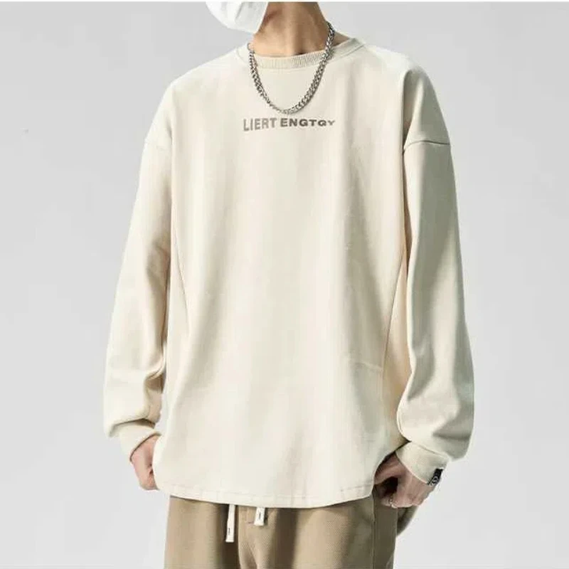 Spring and Autumn Men's 2024 New Splicing Pullovers O-Neck Printed Letter Fashion Loose and Versatile Casual Long Sleeve Top