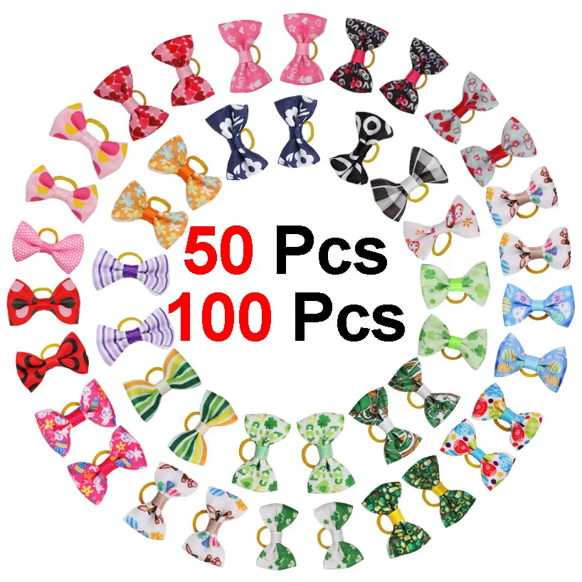 50/100 Pcs Pet Dog Bows Hair Rubber Bands Grooming Puppy Pet Headwear Mix Colors Mix Style Cat Hair Bowknot For Small Dogs