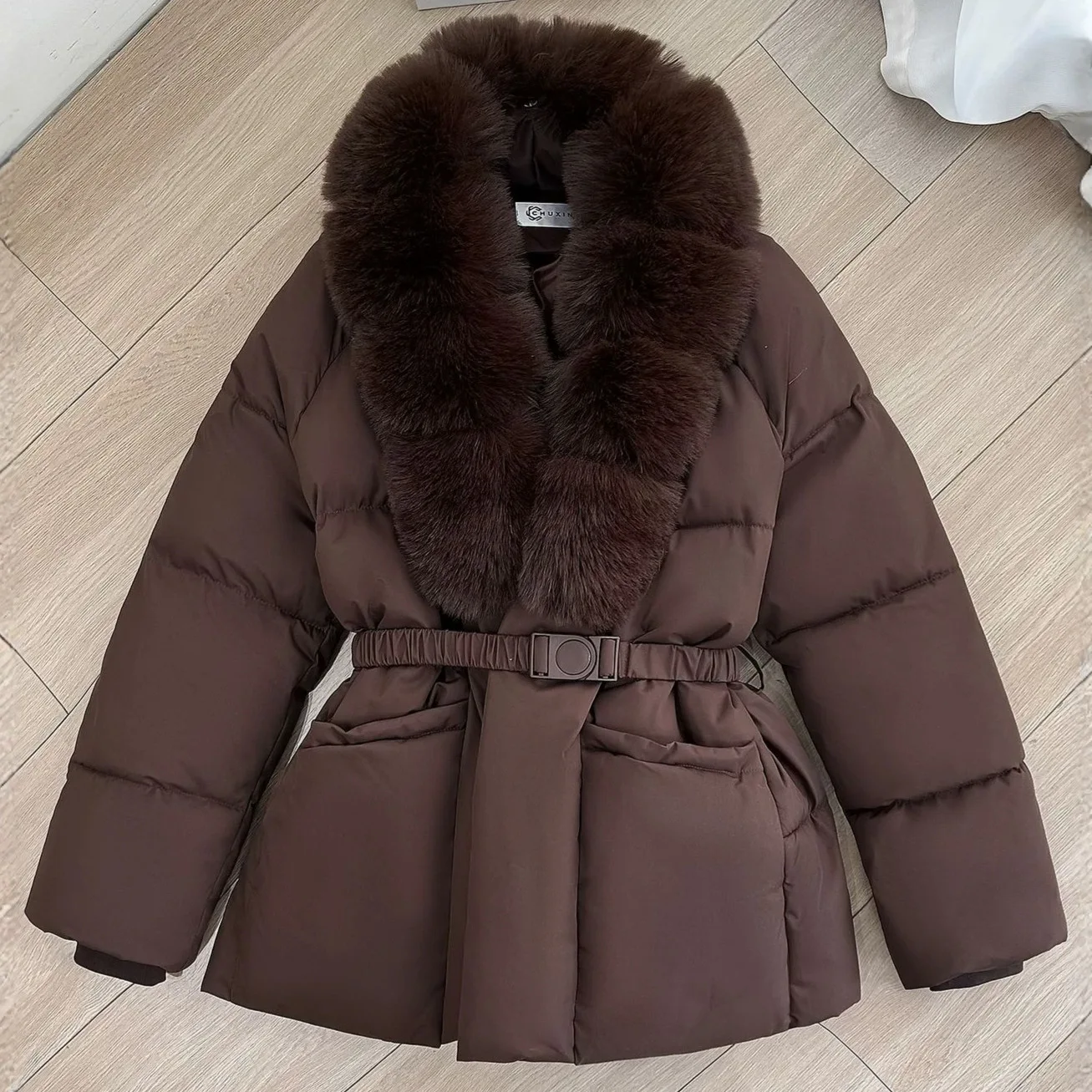 2026 Winter Parkas Women Down Cotton Jacket V-neck Large Fur Collar Belt Mid Length Cotton-padded Coat Female Outerwear Overcoat