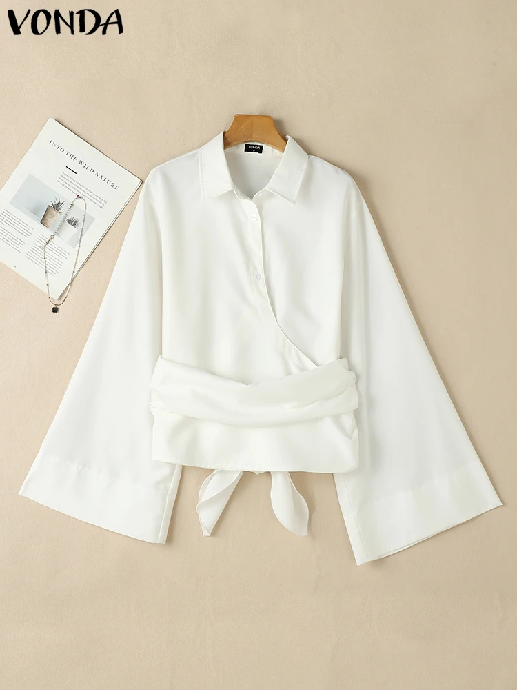

VONDA, женские модные рубашки, осень 2023, элегантные офисные женские топы с длинными рукавами, однотонные блузки, повседневные бандажные рубашки с воротником с лацканами