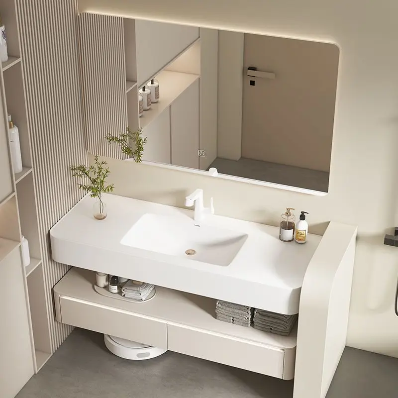 

Hotel-style cream-style bathroom toilet washbasin integrated cabinet Corian integrated combined washbasin