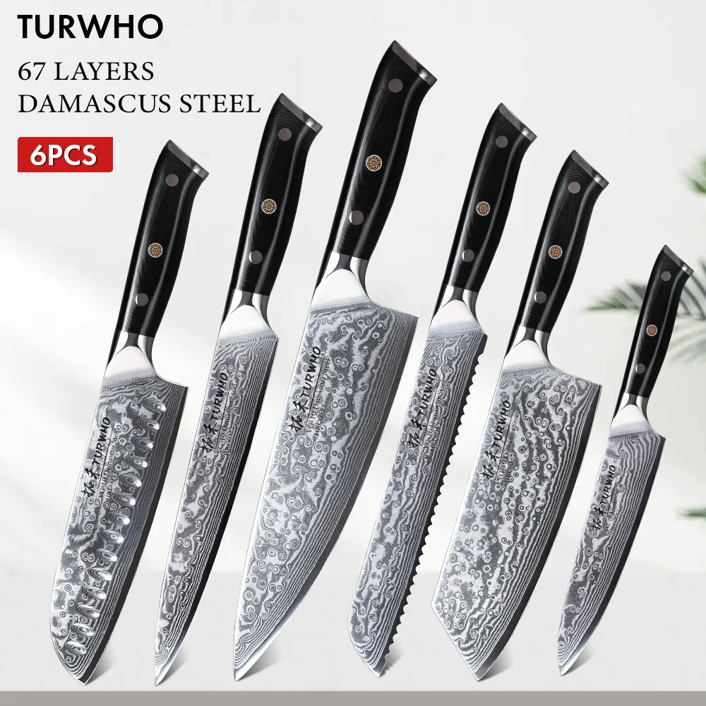 TURWHO 1–6-teiliges Messer-Set, 67 Schichten, Küchenmesser aus Damaststahl, Santoku-Kochmesser, Utility-Brot-Schneidemesser, Kochutensilien