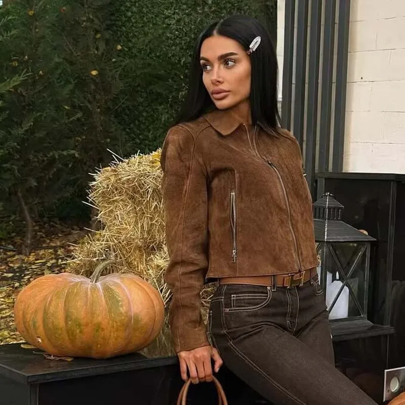 

YENKYE Faux Suede Zipper Lapel Jacket For Women Long Sleeve Autumn Winter Short Coat Fashionable And Versatile