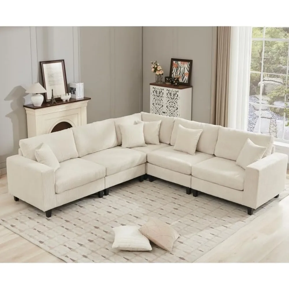 

L Shaped Couch,Corduroy,Deep Seat,5 Throw Pillow and 6 Back Cushion,Living Room, Apartment,Oversized Sectional Sofa Set