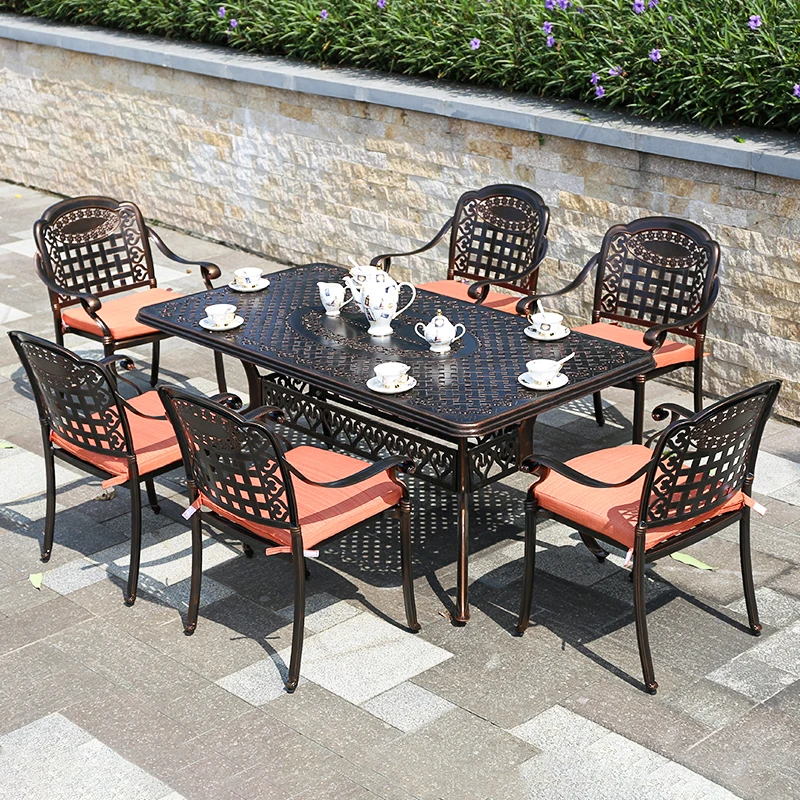 

Luxury Outside Cast Aluminum Furniture 2025 Outdoor Dining Set Waterproof Patio Tables and Chairs