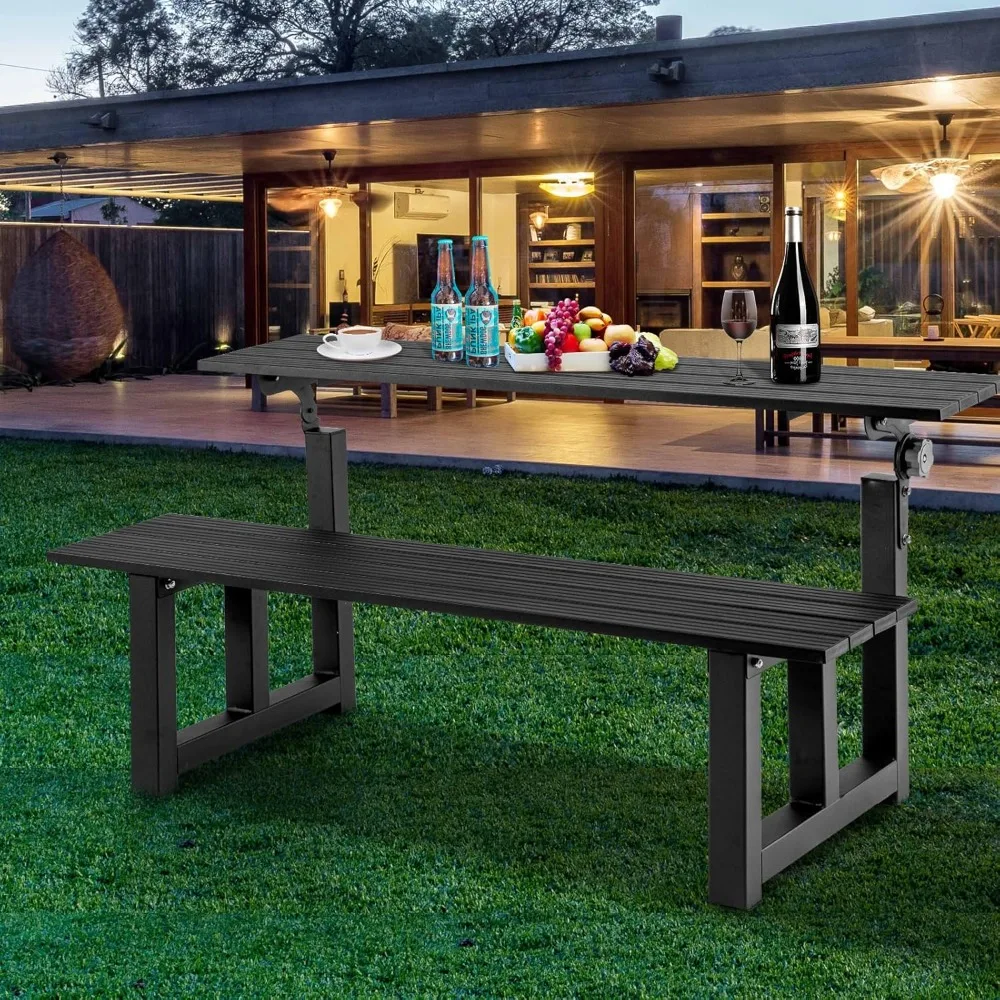 Banco de mesa de picnic de aluminio de 47 pulgadas, banco negro para exteriores cubierto con capacidad de peso de 400 libras para parque, jardín y