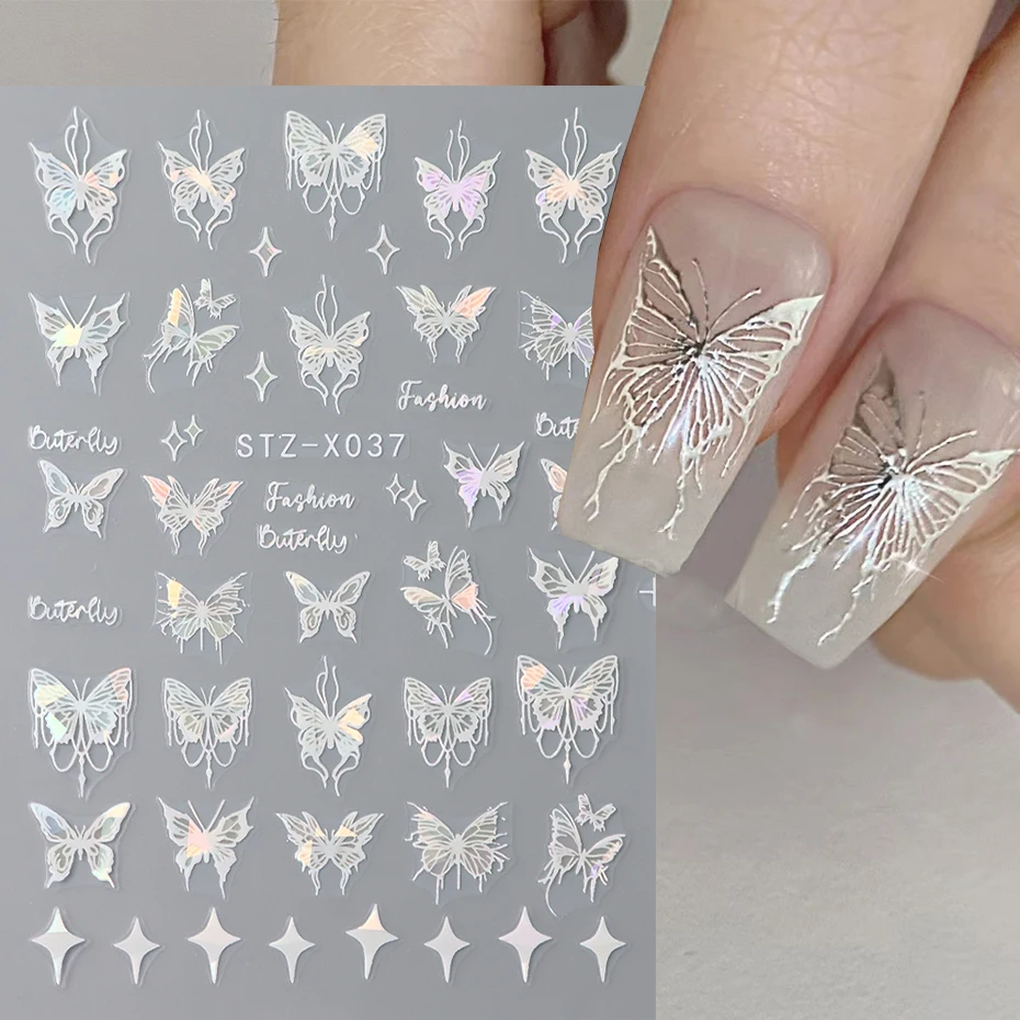 Black White Butterfly Laser Nail Stickers Y2K Nail Art Decoration Abstract Metal Lines Bronzing Lace Flowers Stickers For Nails image 5