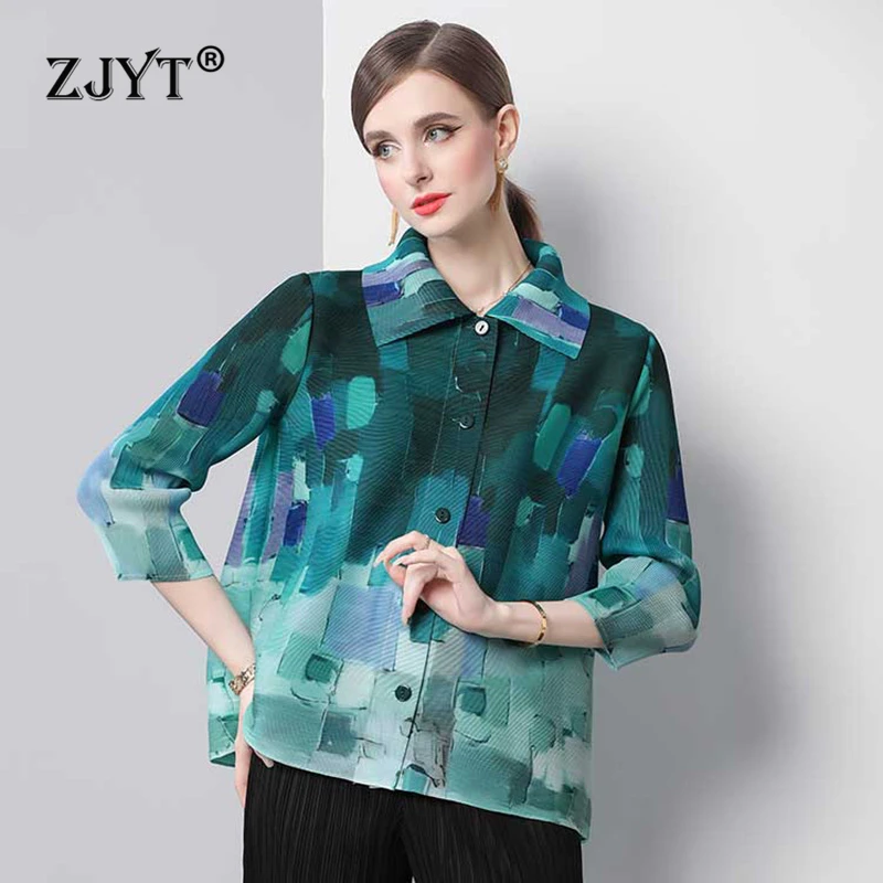 

ZJYT Elegant Print Pleated Loose Shirt Women Single Breasted Turn Down Collar Blouse Casual Tops Female Clothing Autumn 2024 New