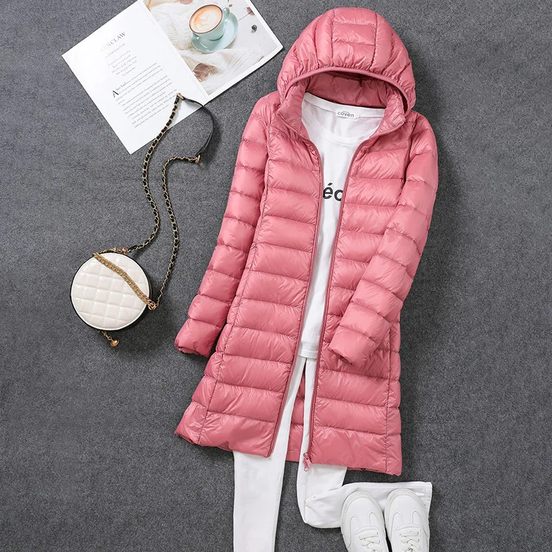 Woman Spring Padded Hooded Long Jacket White Duck Down Female Overcoat Ultra Light Slim Solid Jackets Coat Portable Parkas