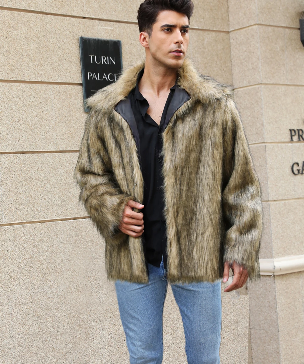 

Men's Winter Short Thick Warm Hairy Shaggy Faux Fur Coat Men Long Sleeve High Quality Luxury Fluffy Jacket