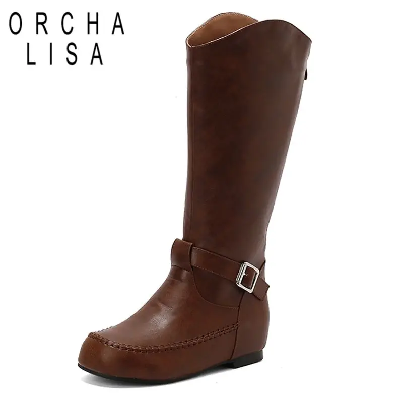 

ORCHA LISA Hot Female Mid Calf Boots Round Toe 3.5cm Increased Heel Back Zipper Buckle Large Size 42 43 44 45 Simplicity Autumn