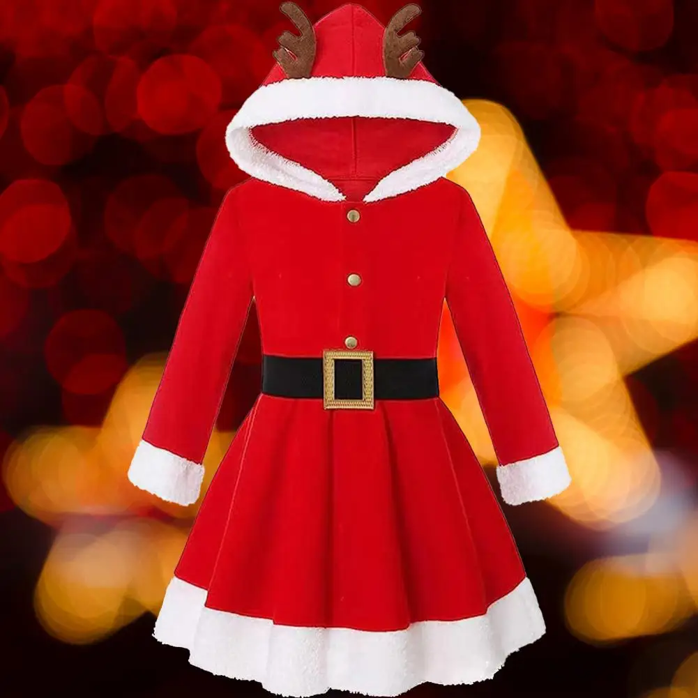 2024 Santa Claus Dress Women Girls Christmas Elk Antlers Hooded Red Dress With Belt Xmas Holiday Cosplay Evening Party Costume