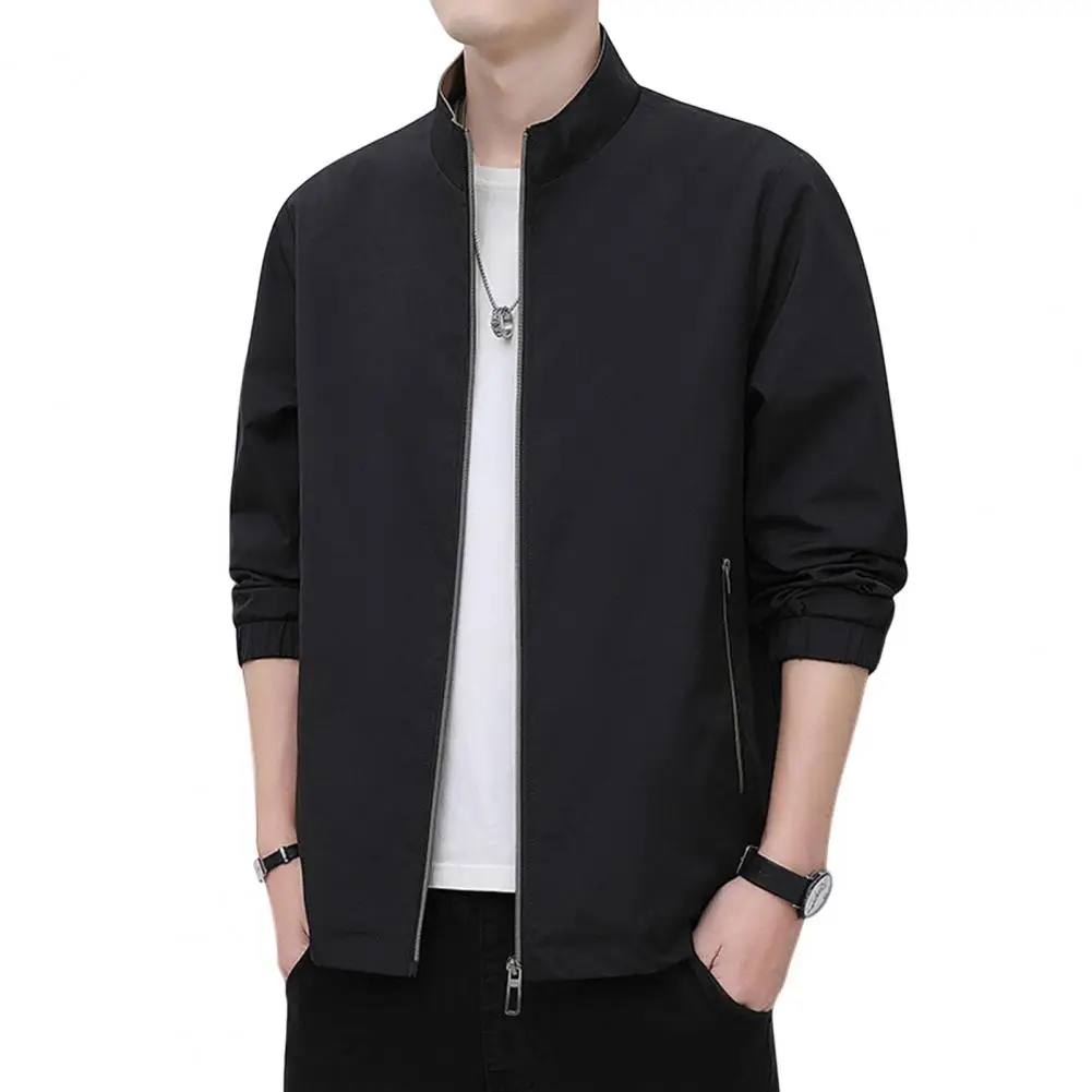 

Men Jacket Stand Collar Zip-up Loose Thin with Zipper Pockets Father Business Travel Coat Mid-aged Outerwear