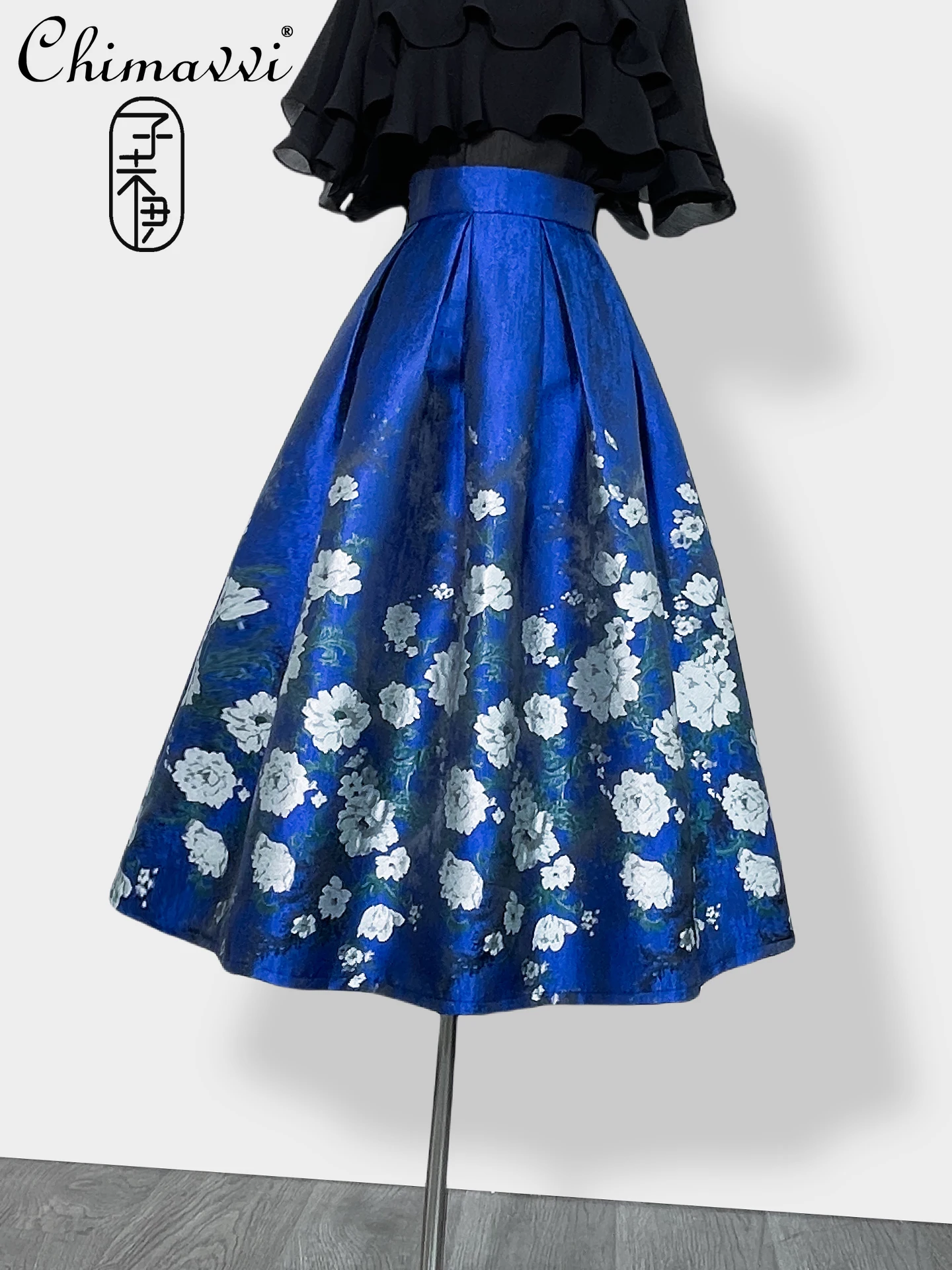 

Элегантные модные плиссированные юбки в стиле Хепберн во французском стиле с принтом в стиле ретро, универсальная синяя длинная юбка трапециевидной формы с высокой талией для женщин, осень