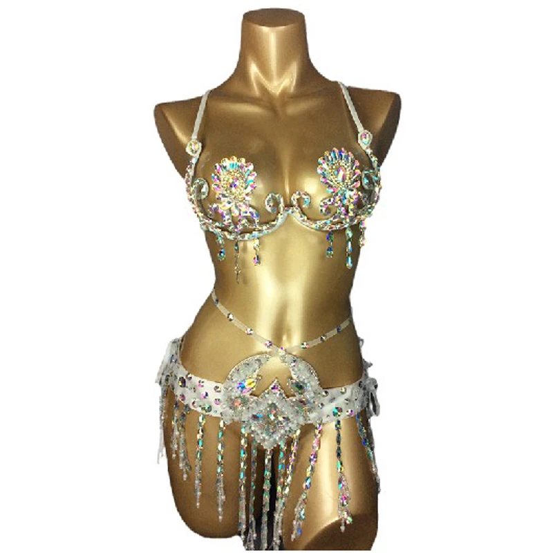 New Sexy Samba Carnival Wire Bra & Belt Costume 2pcs/Set Rainbow stones free shipping CB003 4colors