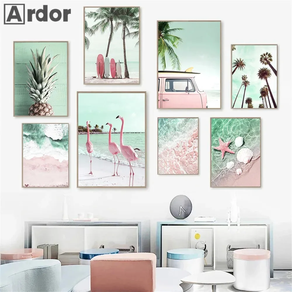 Beach Pink Flamingo Canvas Poster Sea Wave Starfish Shell Wall Print Palm Tree Pineapple Art Painting Nordic Picture Home Decor