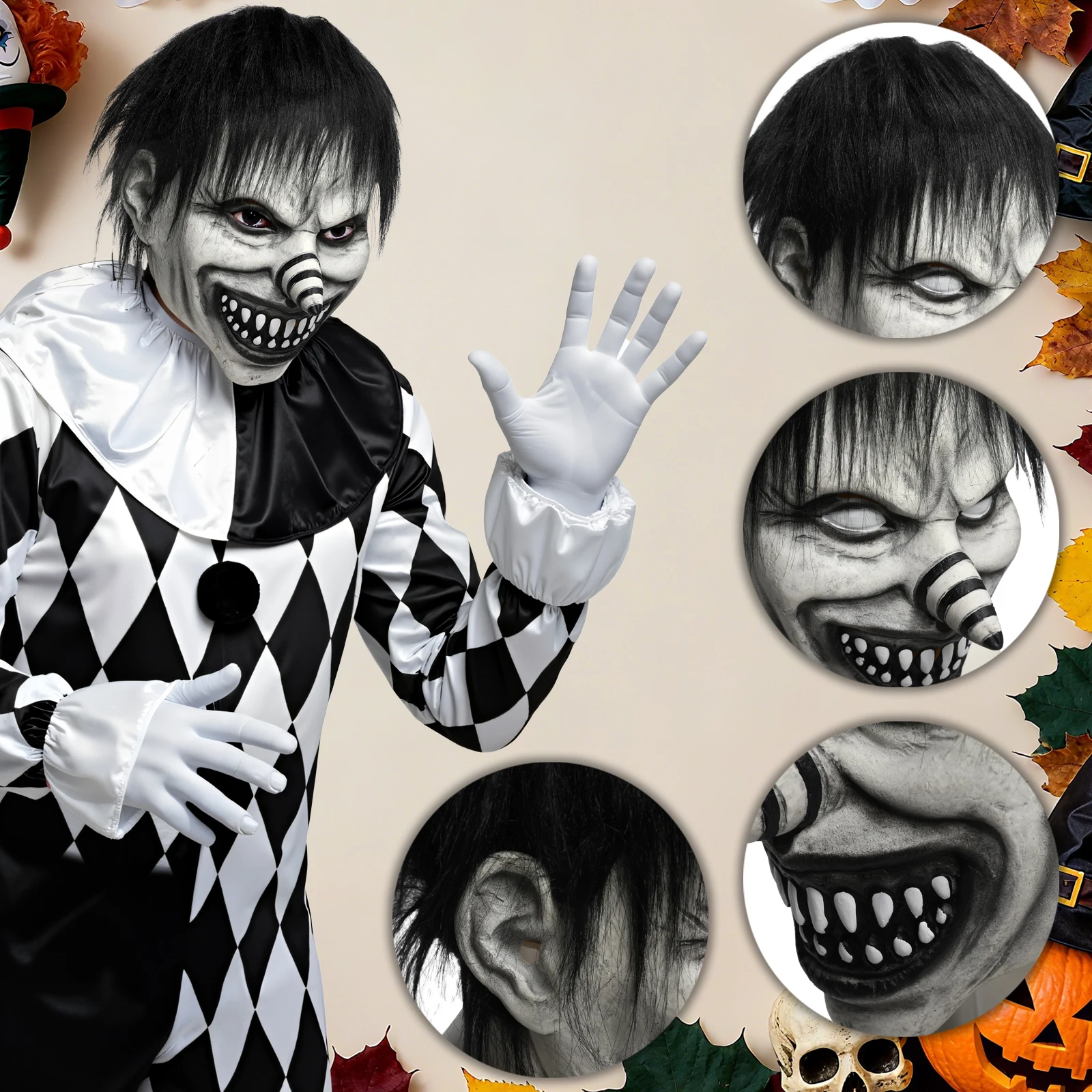 Scary Demon Clown Mask Evil Clown Mask Creepy Black Haired Clown Spiral Nose Latex Mask Halloween For Adult Cosplay Props 6